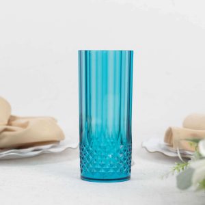 6-Pack Transparent Plastic Highball Drink Glasses 14oz, Crystal Cut Style Ocean Blue - Shatterproof Tall Cocktail Tumblers - Pack of 6 Glasses
